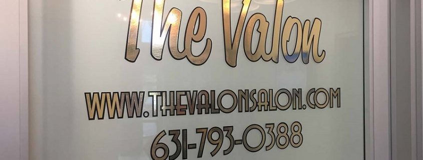 Salon signs, window treatments, wall treatments, gold vinyl